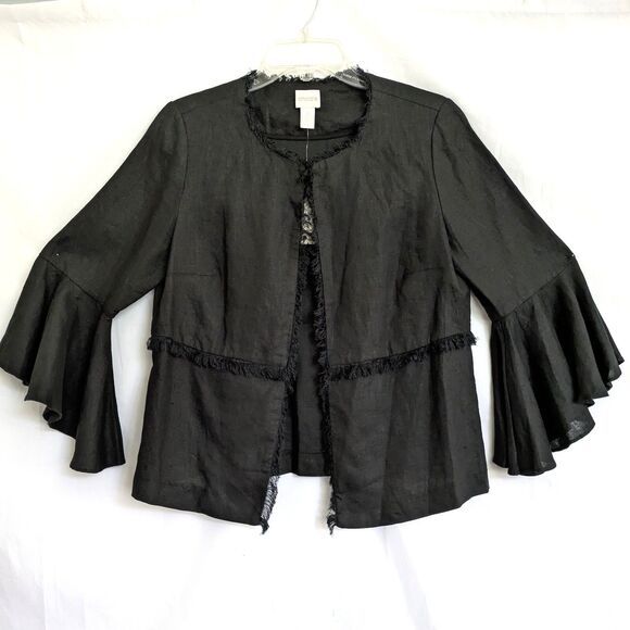 Chico's 100% Linen Black Jacket Size 0 (S) 3/4 Bell Sleeve Fringe Boho NWT - Picture 4 of 12